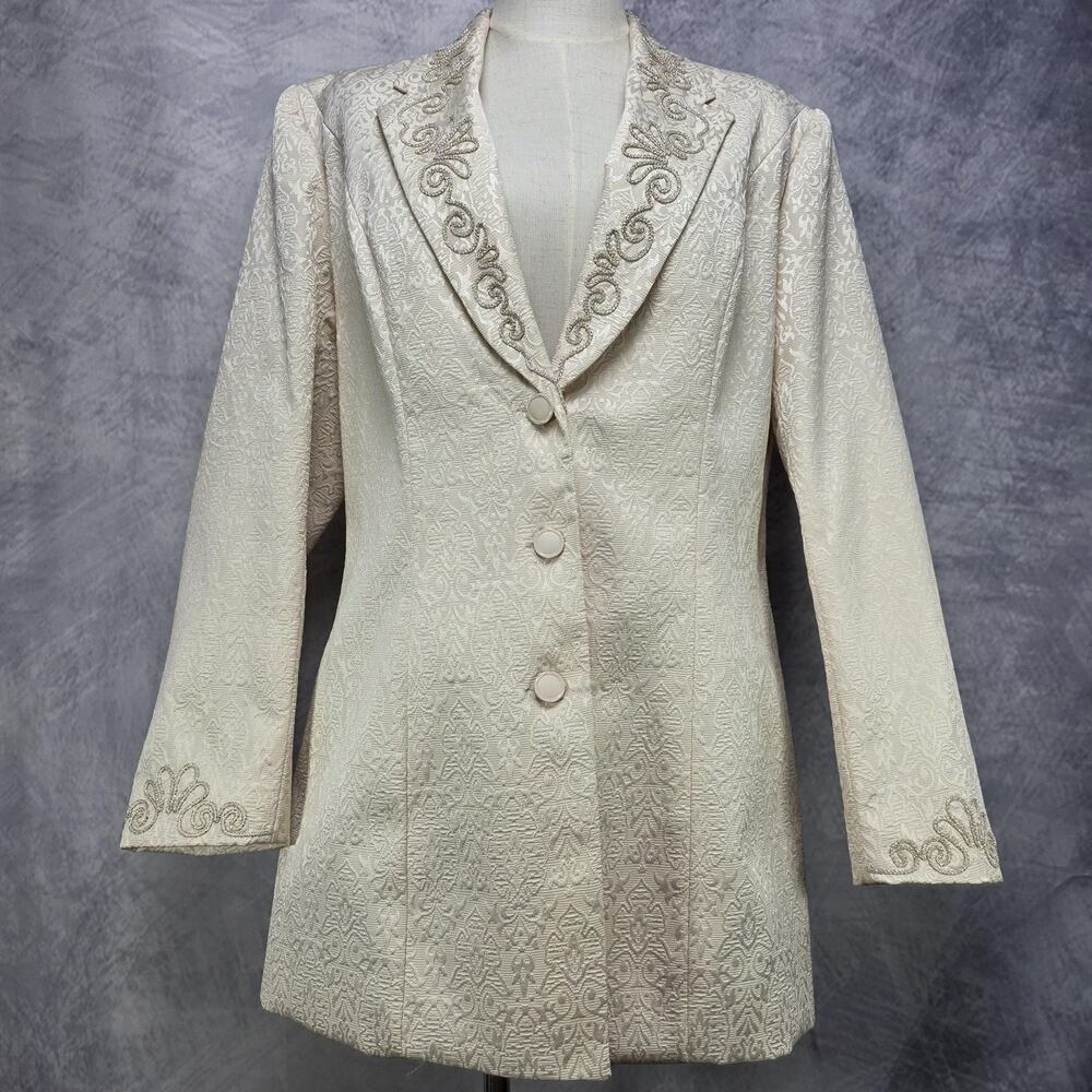 Vintage Hobby Horse Blazer Womens Large Cream Brocade Beaded Metallic Made USA